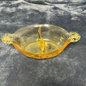 Vintage yellow glass divided dish with handles